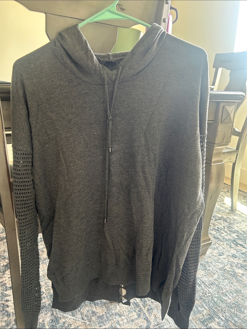 Women's Dark Gray Hooded Knit Sweatshirt with Openwork Sleeves